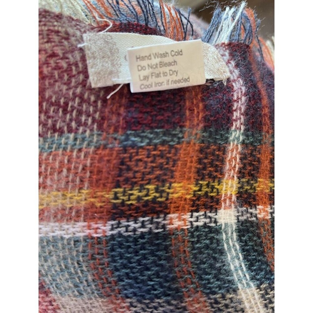 Altar'd State Super Soft Maroon Orange Teal Plaid Fringed Wrap Throw Scarf 52x52 - Picture 7 of 7